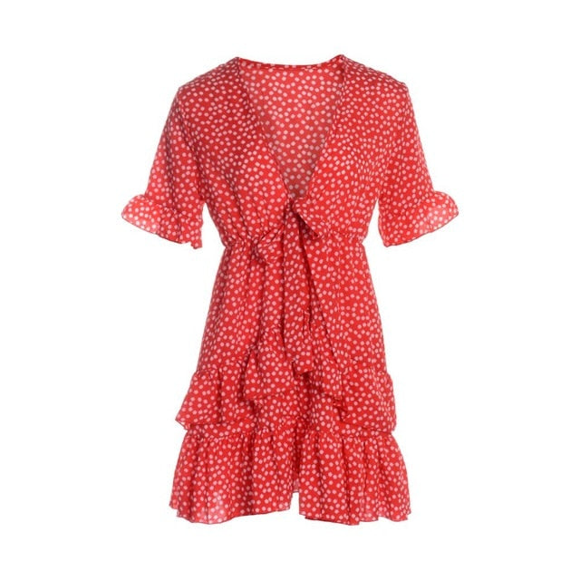 Polka Dot Boho Ruffle Mini Dress