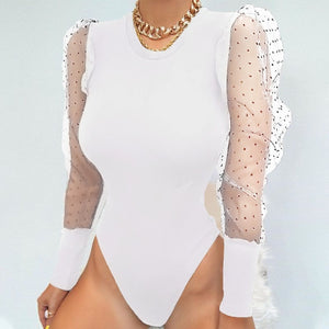 Lace Puff Sleeve Women Bodysuit