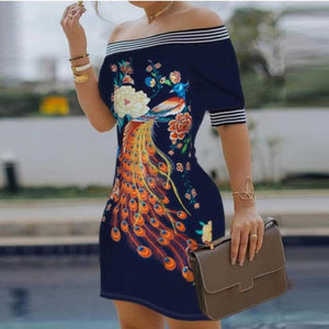 Elegant Peacock Print Off Shoulder Dress